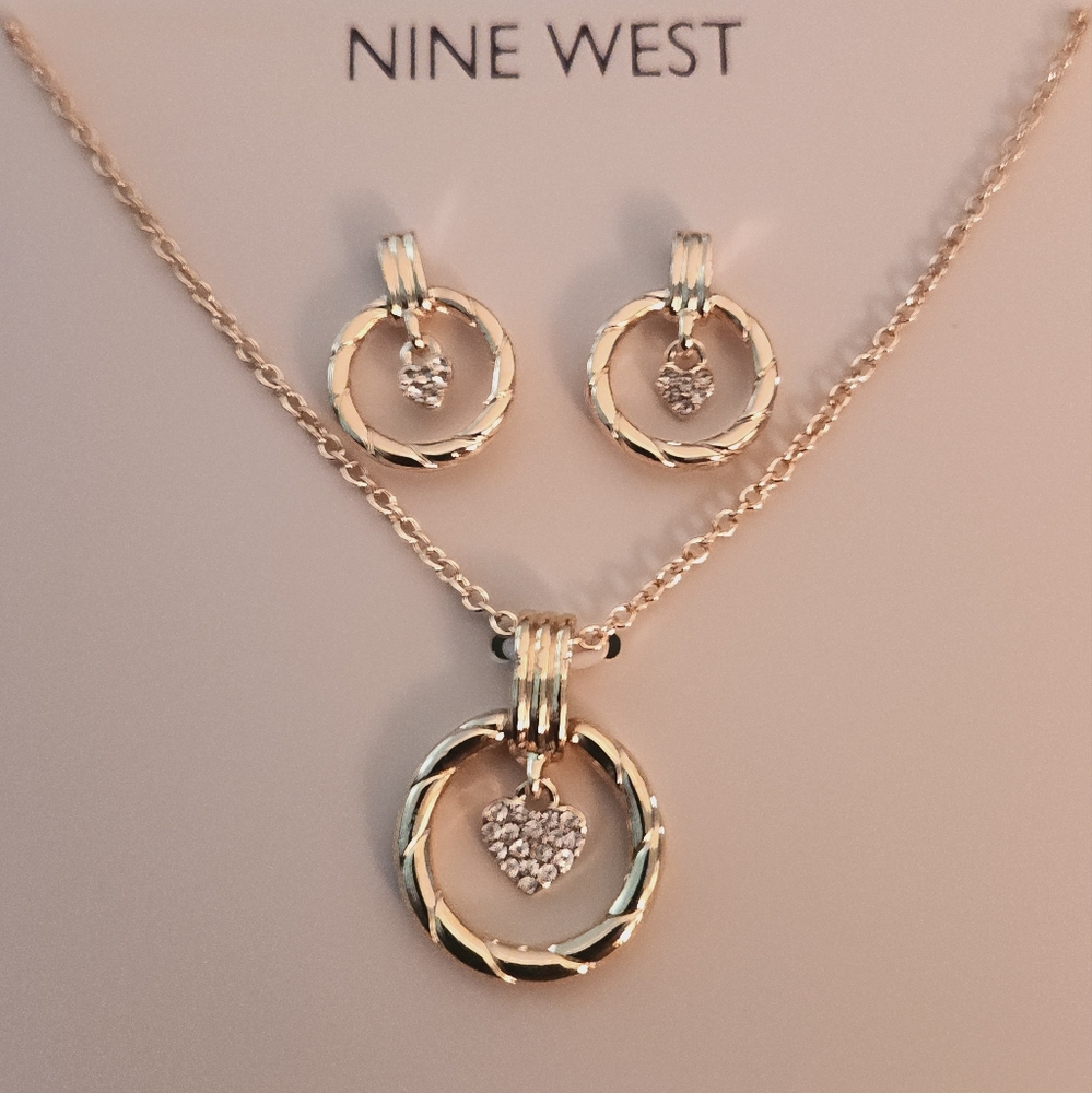 Nine West Gold-Tone and Shimmering Rhinestone Heart  Necklace And Earring Set.